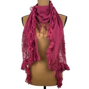 Burgundy Wine Red Multi-Texture Long Scarf/Wrap Ruffle Lace Teardrop Fringe